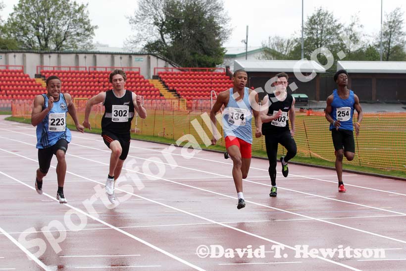 134 Leon Reid (Bath College) winning 100 metres in 10.83sec from 223 Rhykiem Patterson (Oaklands College) 2nd and  302 James Taylor (Newcastle Under Lyme College) 3rd, British College Championships, Gateshead International Stadium.